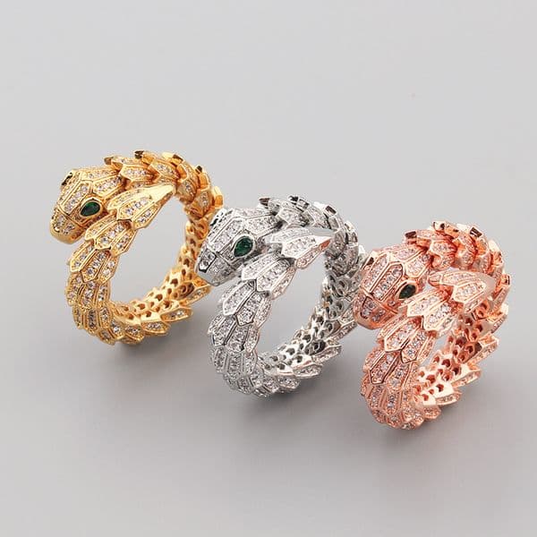 Inlaid Full Diamond Zircon Spring Snake Ring and Fashion Simple Personality Open Women's Ring Jewelry Wholesale