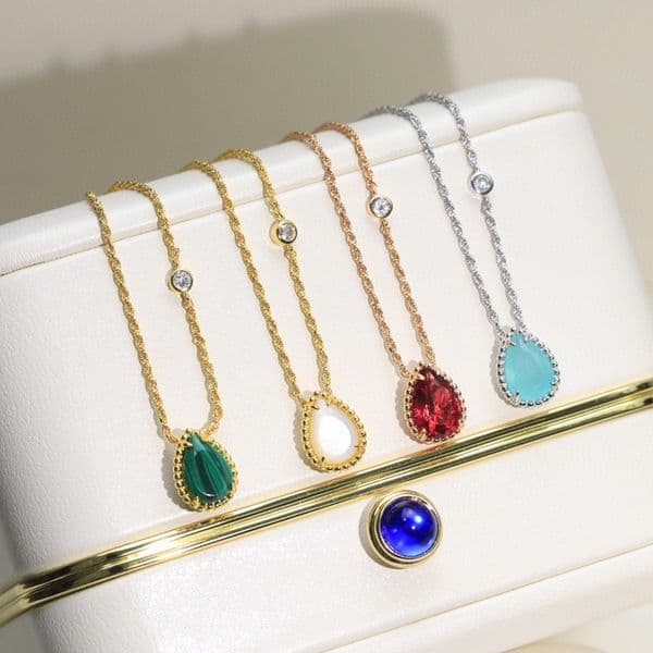 Designer water drop necklace pendant 925 silver gold plated with natural gemstones 45CM With box 007