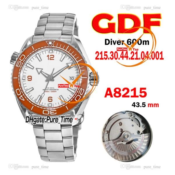 New 43.5mm Diver 600M A8215 Automatic Mens Watch 215.30.44.21.04.001 White Dial Steel Case Orange Ceramic Bezel Stainless Steel Bracelet Gents Watches Pure_Time A01A