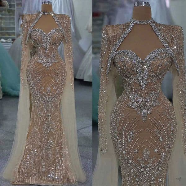 Unique Nude Prom Dress Long Cape Sleeve Crystals Formal Women Party Gowns Size Customized Dubai Formal Reception Dresses Arabic Robes De Mariee L253296