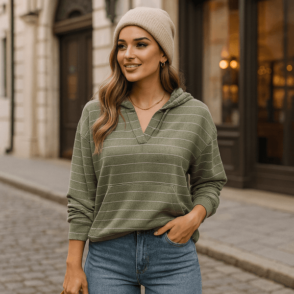 Customised Fashionable Quality Women's Striped Hooded Casual V-Neck Sweatshirt HH26-WM-T001