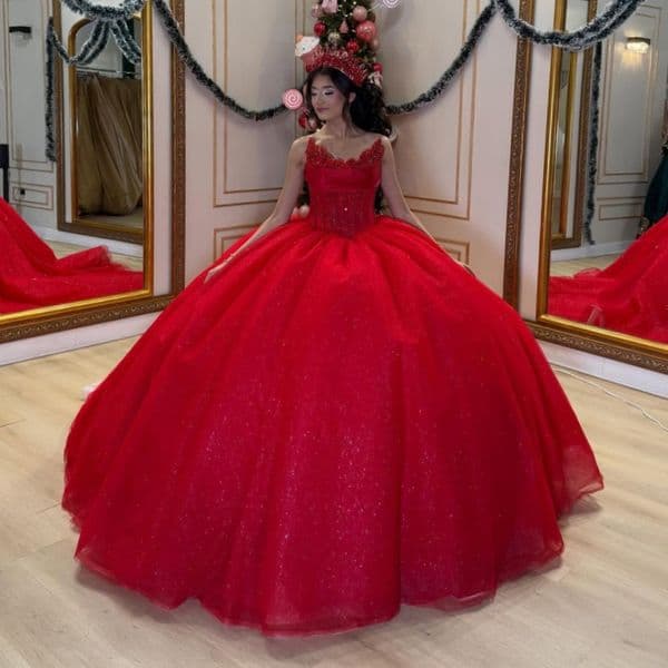 Red Shiny Quinceanera Dresses Off The Shoulder Beading Crystal Tull Party Birthday Sweet 16 Dress Vestidos 15 Anos