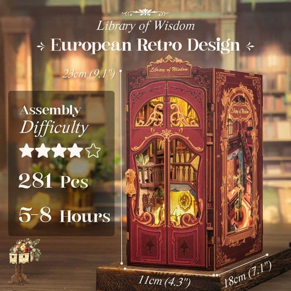 CUTEBEE DIY Book Nook Kit Library of Wisdom with LED with Dust Cover Miniature Dollhouse Study Room for Desk Decor Bookshelf X251211