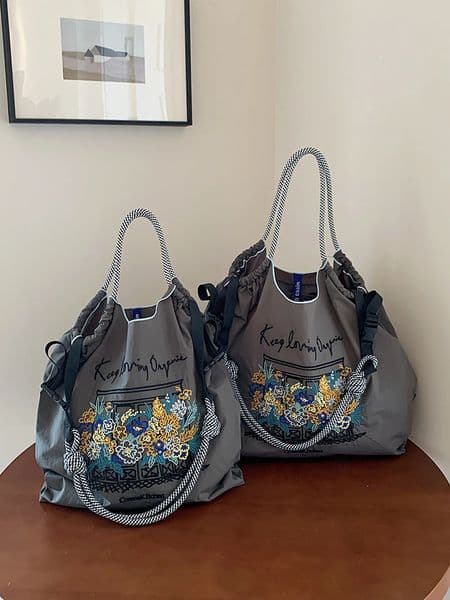 Womens shopping bag nylon bag cloth bag ethnic style embroidered window cut pattern Bohemian style large capacity Tote ba 251211