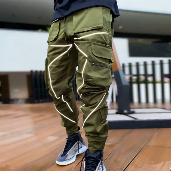 green Men's clothing reflective casual pants ankle cuffs small legs men's pants workwear pants plus size customized cargo pants