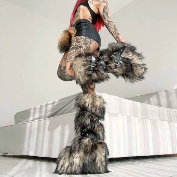 Ddmyoutdoor Y2K Subculture Hottie Sexy Women Knee High Fur Snow Boots Punk Rivet Straps Buckle Height Increase Botas De Invierno Mujer Outdoor Shoes