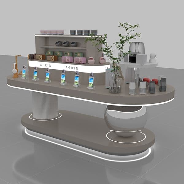 Multi-functional Designer Furniture Piece Lighted Wall-Mountable Exhibit System Featuring a Unique Rounded Baker's Coated Structure