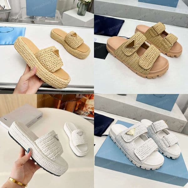 top quality slippers luxury designer casual shoe sandals women men triangle sliders fashion sandal raffias straw weave platform shoes slide beach pool flat slipper