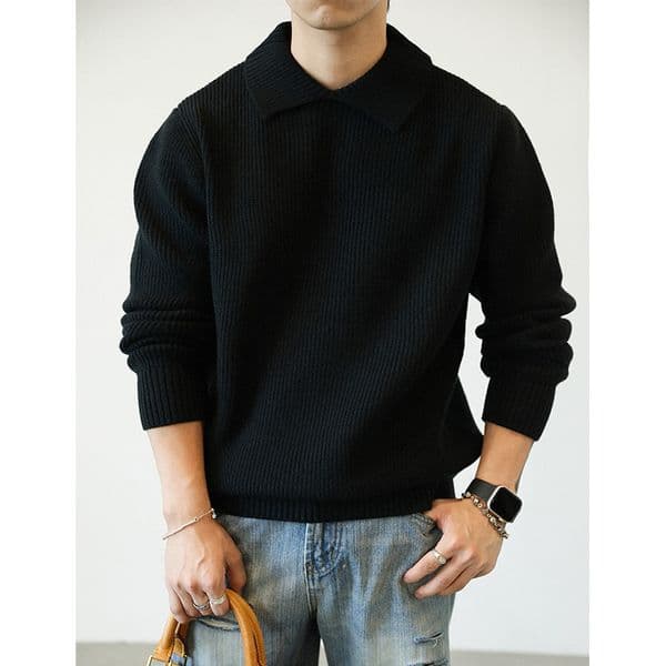 Men's Ribbed Knit Collared Sweater - Slim-Fit Long-Sleeve Pullover for Casual Daily Wear-J9821