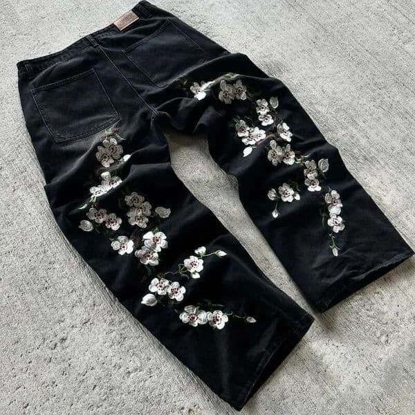 Y2K Loose Harajuku Retro Cherry Blossom Embroidery High-Quality Jeans Streetwear Hip-Hop Gothic