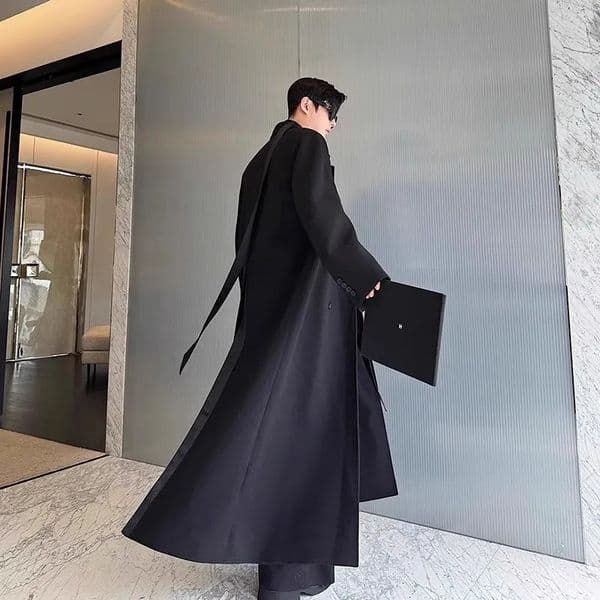 Mauroicardi Spring Autumn Logn Black Oversized Flowy Soft Trench Coat for Men with Back High Slit Loose Casual Overcoat 251211