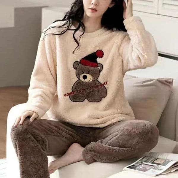 2pcsSet Large Size Padded Thickened Warm Fall And Winter Womens Pajamas LongSleeved Long Pants Set Coral Velvet Cartoon Bear 251218