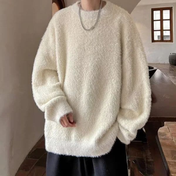 Autumn Mens Solid Fluffy Knitted Sweaters Korean Fashion Loose Warm Pullovers Winter Couples Y2K Vintage Knitwear Jumpers 251219BANJIA