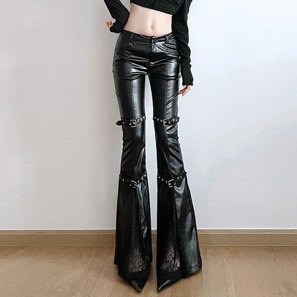 Y2K Pu Leather Flare Pant Streetwear Lace Patchwork Black Pants Fall Gyaru Harajuku Grunge Sexy Low Waist Slim Trousers 251219BANJIA