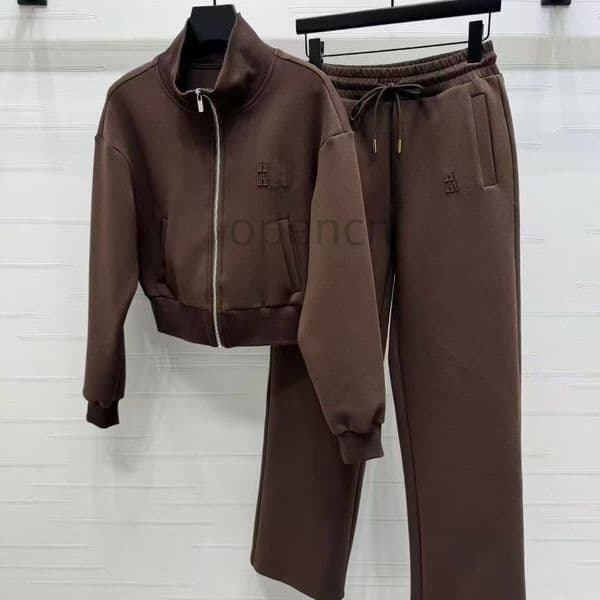 Luxury Women Sporty Jacket Sweatshirt Sweatpants Outfits Designer Elastic Waist Straight Pants Spring Autumn Street Style Brown Sweatshirts