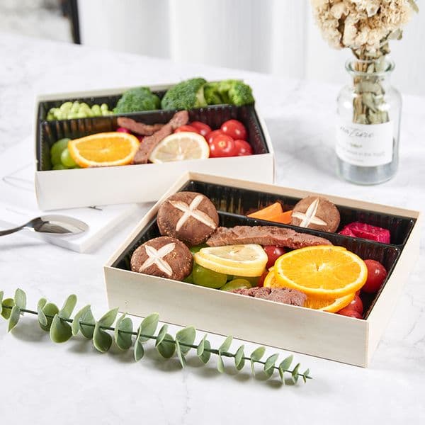 Customizable Wooden-Look Food Box for Luxury Sushi Bento Cake Takeaway--plastic lid+Plastic Tray