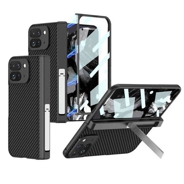 Compatible with Google Pixel 9 Pro Fold Stand Phone Magnetic Hinge Plain Carbon Fiber Pattern Folding Leather Case