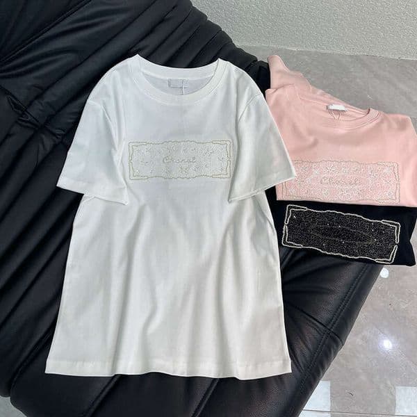 Designer 2026 Spring Summer New High-End Women's Clothing Top Beaded Embroidery Letter Straight Round Neck Short Sleeve Cotton T-Shirt 5cc1
