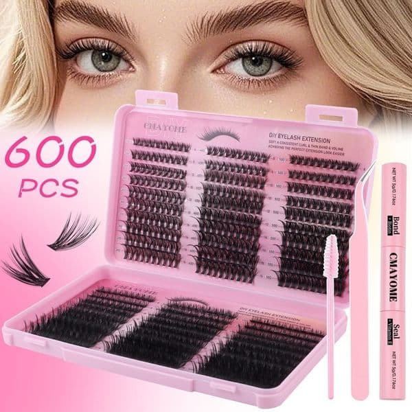 600Pcs DIY Eyelash Extensions Thick Fluffy Cluster Lashes Kit with Lash Bond & Seal DIY Individual Eyelashes Soft Lightweight D Curled Grafted Lashes