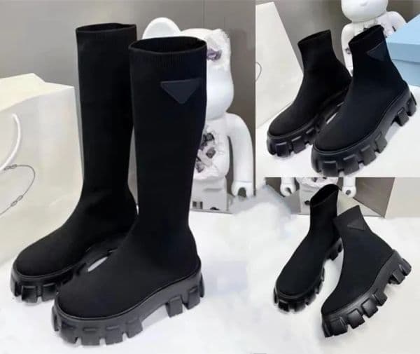 New Cuff Rib Socks Low Heel High Boots Stretch Knit Black Leather Biker Over the Knee Boots Women's Luxury Designer Shoes Factory
