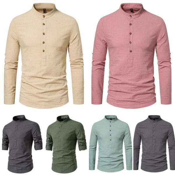 Designer-label shirt Men's Casual Shirts High Quality Henley Collar Long Sleeved Striped Shirt Pullover Tshirt Men's Business Shirts 1b