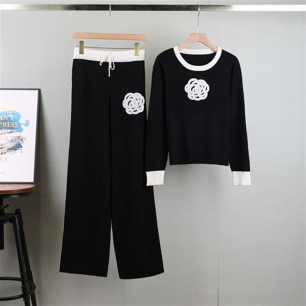 Autumn Winter for Women Round Neck Knitted Sweater Wide Leg Pants Elegant Two-Piece Set