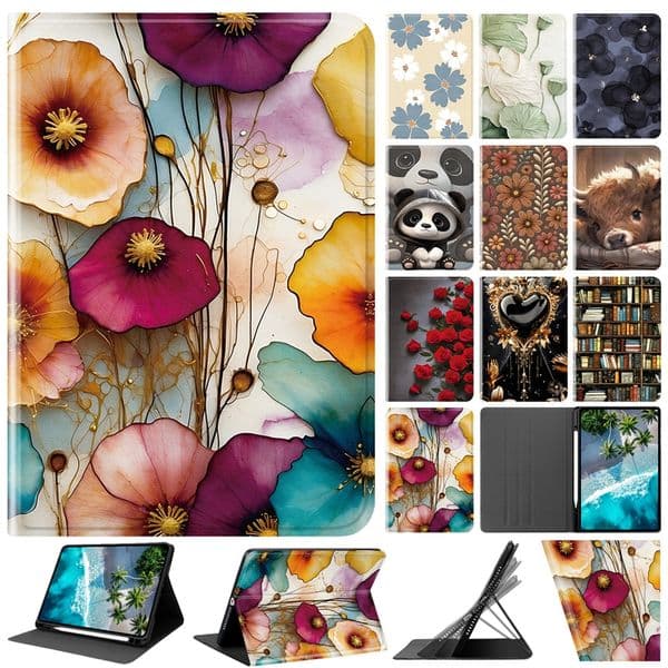Fashion Flower Leather Wallet Case For Ipad 10.9 Pro 12.9 13 2025 Air 11 10.2 10.5 5 8 9.7 Mini 7 6 Rose Bear Love Heart ID Card Slot Holder Flip Cover Tablet