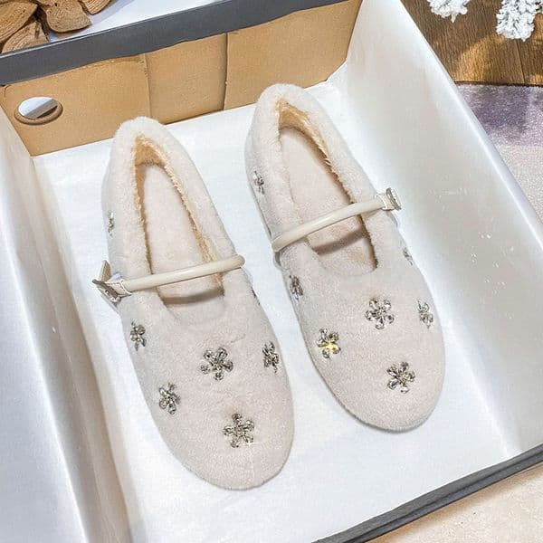 Fashionable and high-quality rhinestone autumn and winter comfortable women's outdoor wear new wool lined warm flat cotton shoes casual warm shoes
