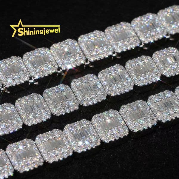 Popular Glass Wall Baguette Tennis Chain Moissanite Bracelet Necklace 9mm Cuban Link Chain Custom Hip Hop Diamond Cuban Links