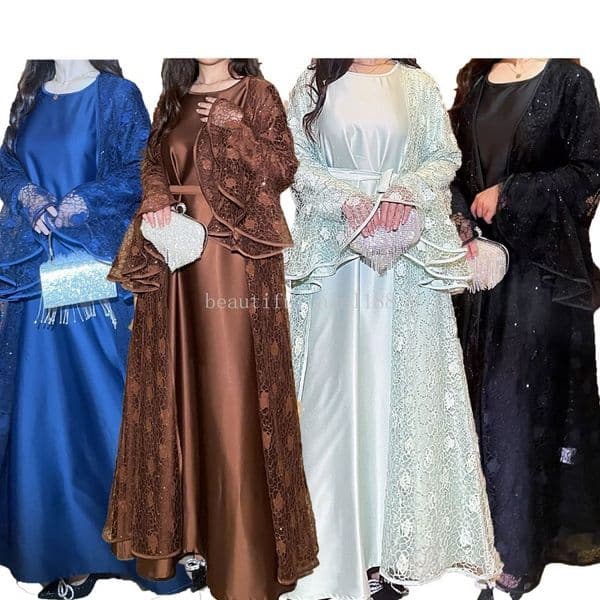 Muslim Women Abaya Dress Flare Sleeve Lace Sequin Satin Morocco Caftan Dress Musulman Ensembles Cadigan Outfit Suits