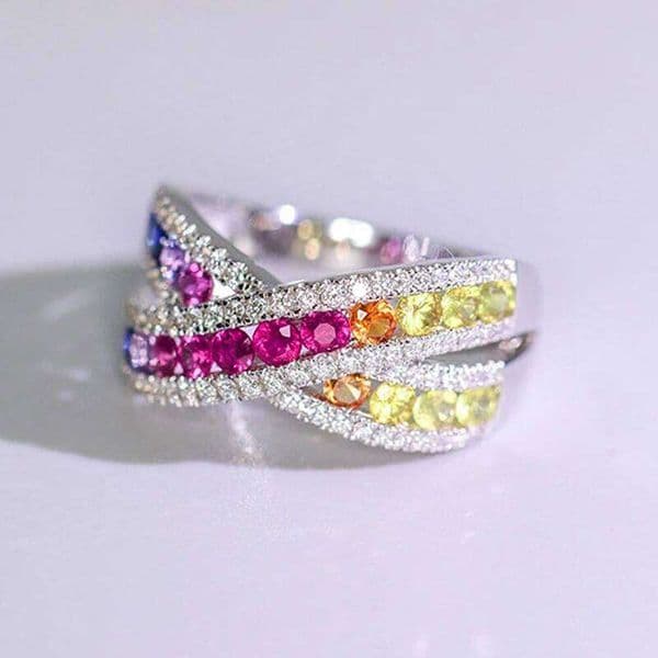 Huitan Colorful Cubic Zircon Cross Rings Romantic Finger for Women Luxury Wedding Band Accessories Exquisite Jewelry