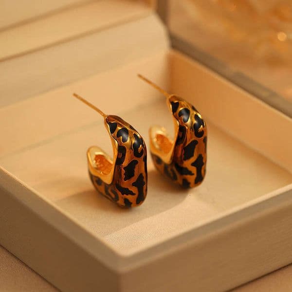 Coffee Color Oil Drop Square Leopard Print Niche Design Sense European and American Style Elegant Earrings for Women