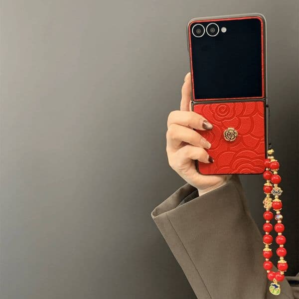 Korean Wine Camellia Leather Phone Case With Golden Red Bead Chain for Samsung Galaxy Z Flip7 6 Flip 5 Minimalist Cover