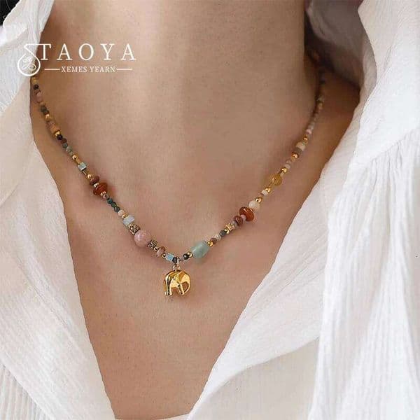French Retro Colored Natural Stone Beads Chain Metal Elephant Pendant Necklace 2025 Trendy Jewelry Elegant Accessory For Women