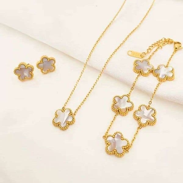 ZAKOL 3 Pcs Plum Blossom Plant Five-leaf Flower Necklace Bracelet Earrings Fashion Stainless Steel Jewelry Set Gift for Women