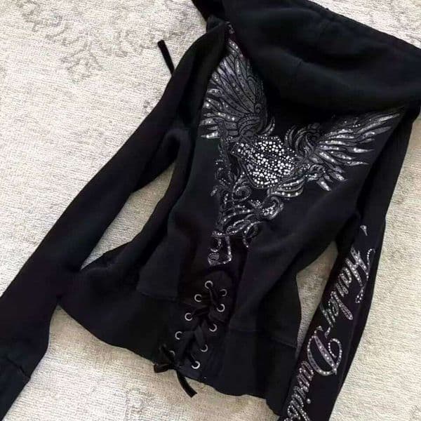 Y2K Gothic Drawstring Design Black Zipper Sweatshirt Womens Jacket Coat Harajuku Letter Graphic Sexy Slim Hoodie Autumn Clothing