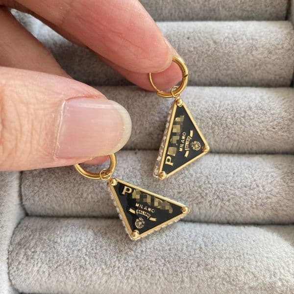 Gold Silver Color Luxury Designer Hoops Extravagant Triangular Black With CZ Stones Titanium Steel P Letter Fashion Earrings For Women Lady