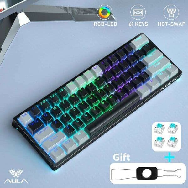 AULA F3261 61 Keys Wired Mechanical Hot-swap Gaming Keyboard Custom Software for Tablet Laptop 60% Layout RGB Backlit 25L1226
