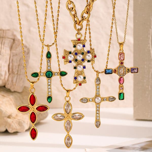 European and American Cross with Colorful Gemstones, High-End Luxury Pearl Stainless Steel Necklace Accessories for Women