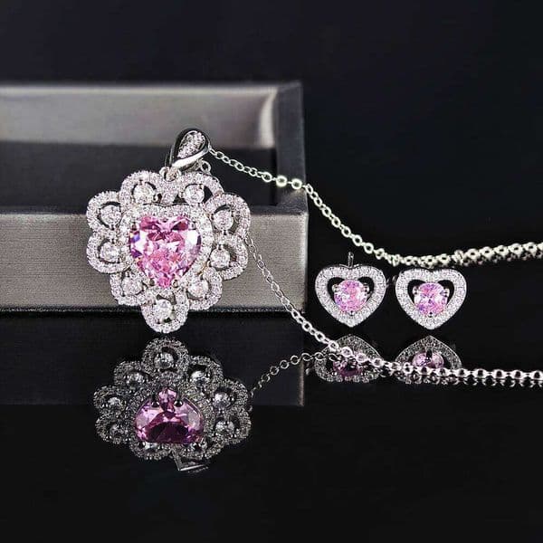 Moonso Luxury Pink Silver Color Jewelry Set Heart Necklace Earring for Women Valentine's Day Gift Free Shipping Items E710-x7181