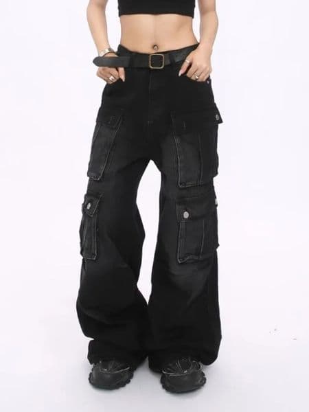 2025 Cyber Y2K Streetwear Washed Black Baggy Cargo Jeans Pants For Women Clothing Wide Leg Hip Hop Lady Trousers Pantalon Femme 251231