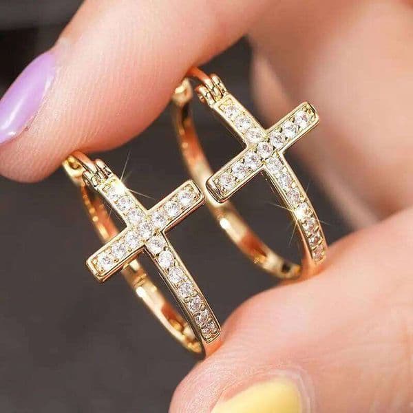 Huitan Cross Design Women Hoop Earrings Gold Color Luxury Accessories for Party Daily Fashion Wedding Jewelry Inlaid Shiny CZ