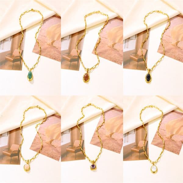 New hot sale Vintage Oval Natural Stone Titanium Steel for Women European and American Fashion Gold-Plated Necklace Pendant