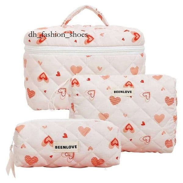 Cosmetic Bags 3pcs Aesthetic Organizer Set Quilted Cotton Sweet Women Makeup Pouch Cherry/Heart Pattern Skincare Clutch Toiletry Bag fd2