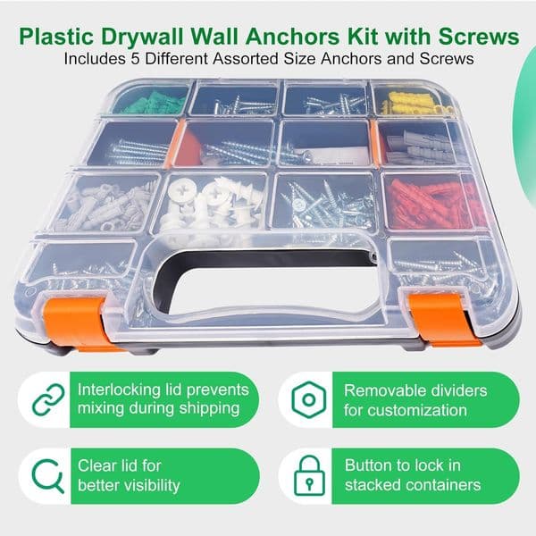 390-Piece Multi-Functional Drywall Anchor and Screw Kit, 6 Different Size Anchor with Wood Screws, Durable Plastic Anchors, Easy-Install