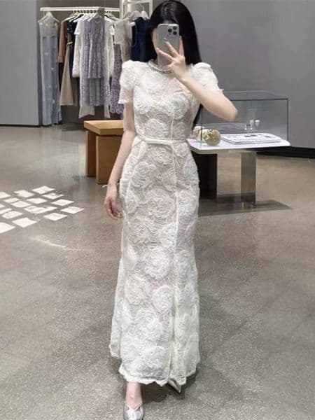 SA/N * DR * O French Elegant Women's Wear 2025 Early Autumn New Style Qianjin Feng Heavy Industry Nail Bead Long Waist Lace Dress