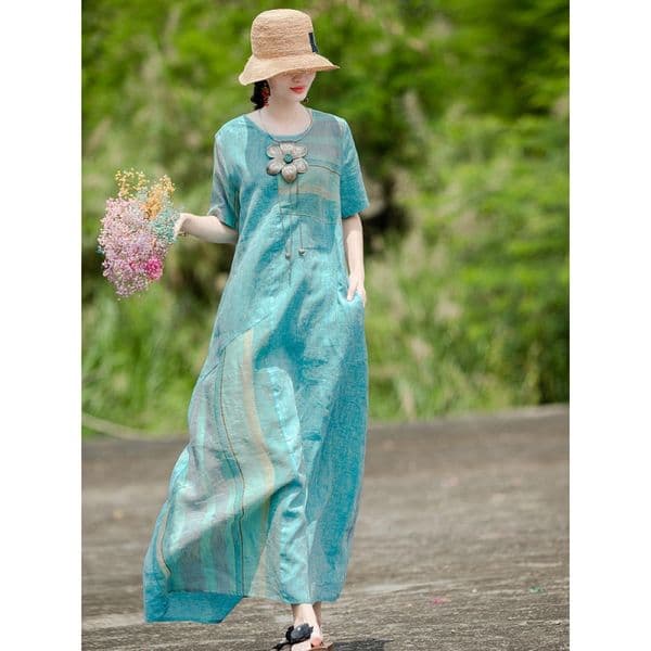 128 literary retro short-sleeved dress female 2024 summer new large size loose printed splicing casual temperament long skirt