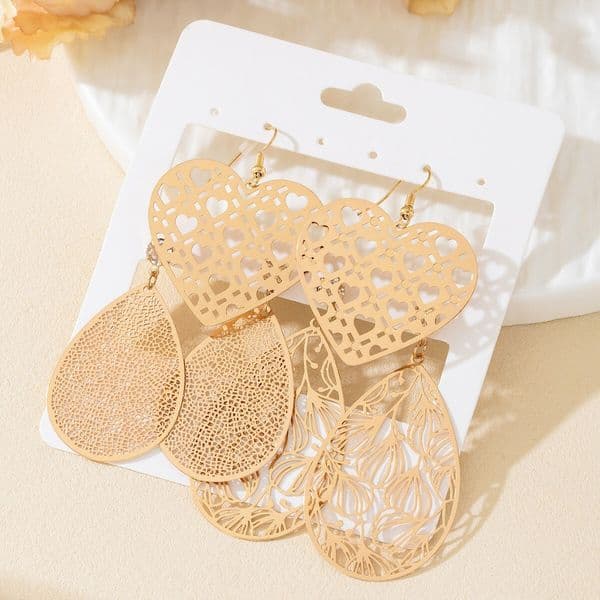 1 Set of 3 Pairs Copper Sheet Heart Hollow Design Water Drop Shape Elegant Earrings