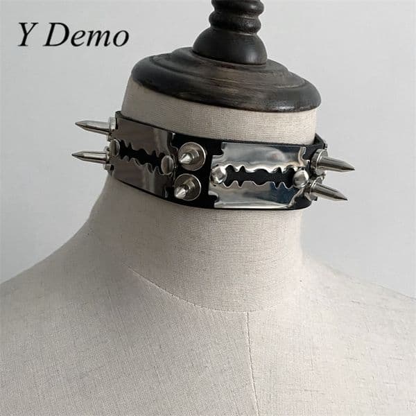 Y Demo Punk Rivets Adjustable Pu Leather Choker Rock Streetwear Spiked Necklace Neck Accessory Streetwear
