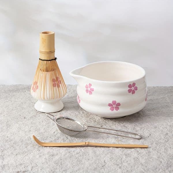 5pcs Cherry Blossom White Matcha Bowl with Matcha Whisk Set, Japanese Tea Set Includes Matcha Bowl with Spout